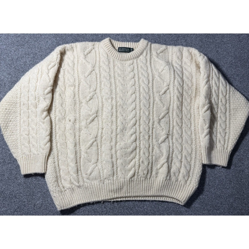 Blarney Woollen Mills Sweater Mens Medium Beige Aran Cable Knit Wool Pullover